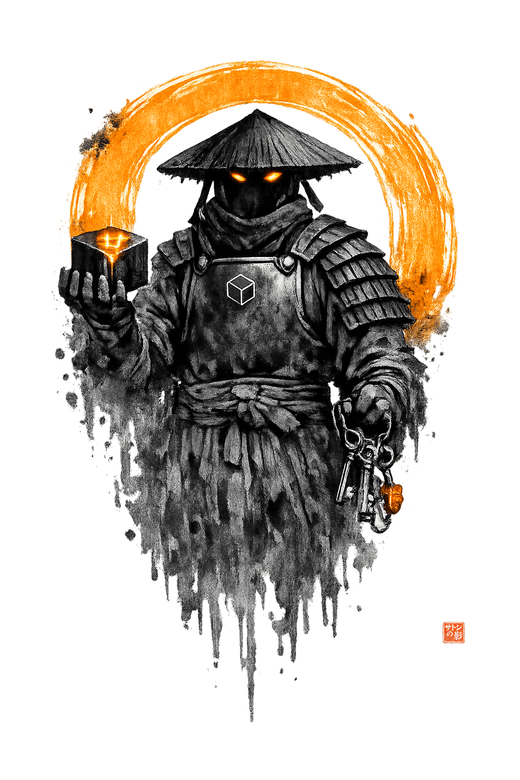 Kage holding a cube and keychain